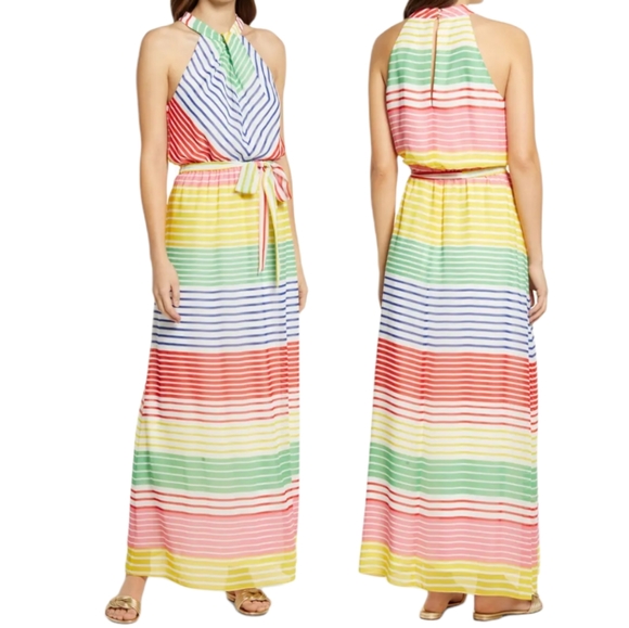julia jordan Dresses & Skirts - Julia jordan revolve Stripe Halter Maxi Dress In Ivory Multi size 10 rainbow new